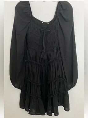 Babydoll Dress XS Black Smocked Tired Ruffle Puff Sleeves Dark Fairy Whimsygoth